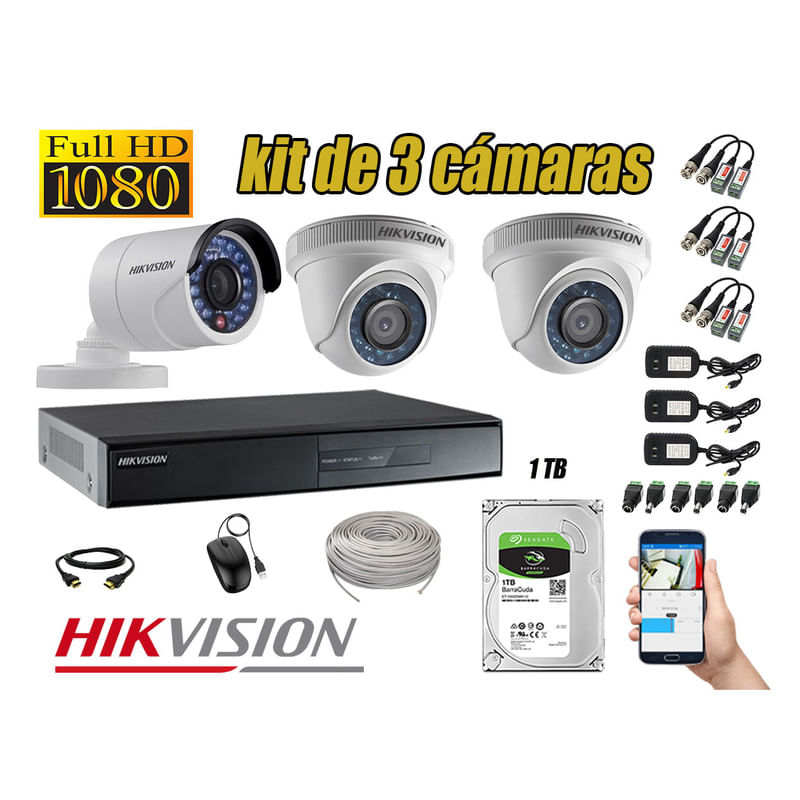 Kit 3 Cámaras de Seguridad Hikvision Full Hd 1080P mas Disco 1Tb Completo
