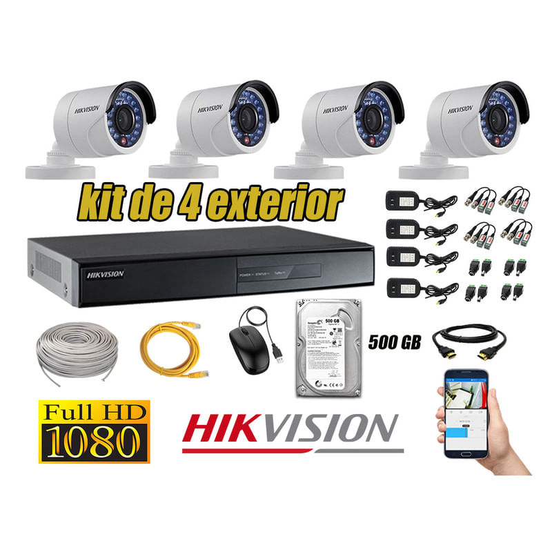 Kit 4 Cámaras de Seguridad Exterior Hikvision Full Hd 1080P mas Disco 500Gb
