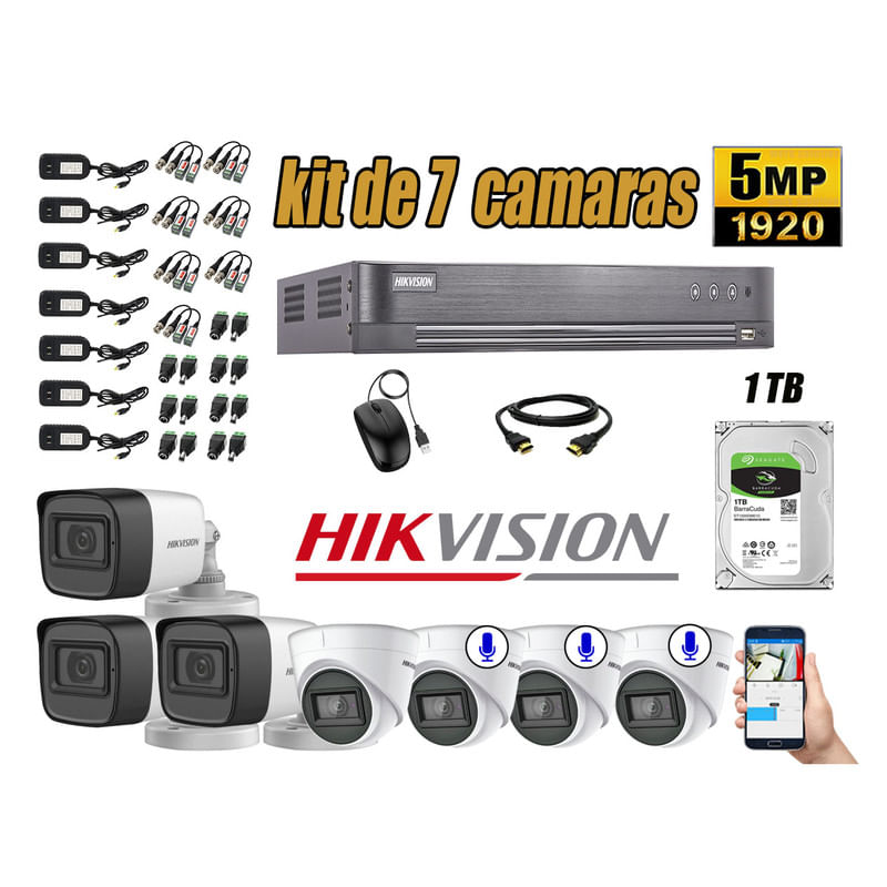 Kit 7 Cámaras de Seguridad Hikvision 5Mp 3 Cámaras Audio Incorporado P2p