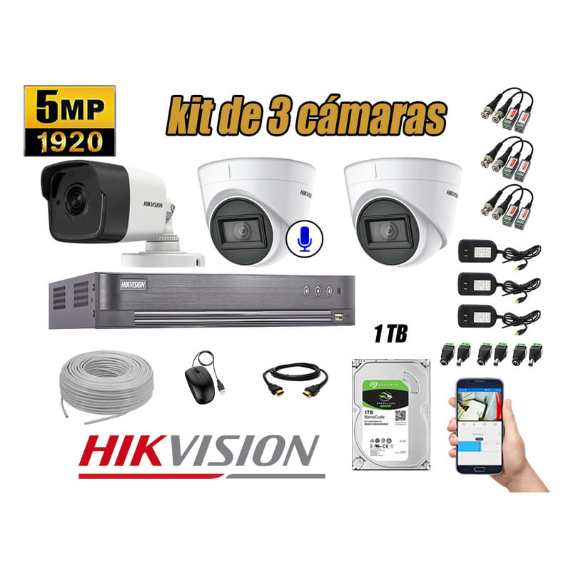 Kit 3 Cámaras de Seguridad Hikvision 5Mp 1 Cámara Audio Incorporado