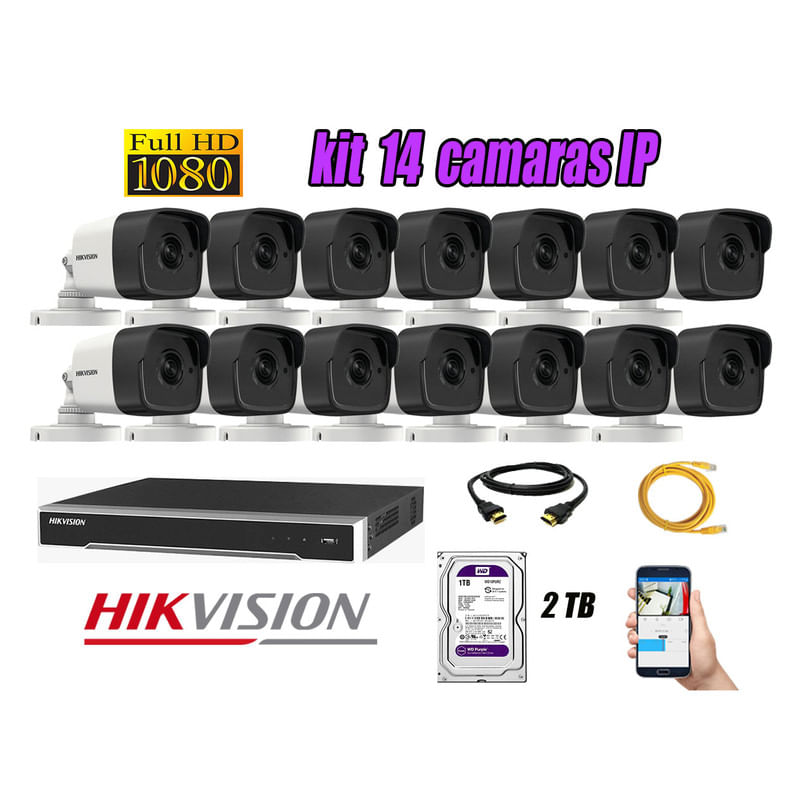 Kit 14 Cámaras de Seguridad Ip Poe Exterior Hikvision mas Disco 2Tb Wd Púrpura
