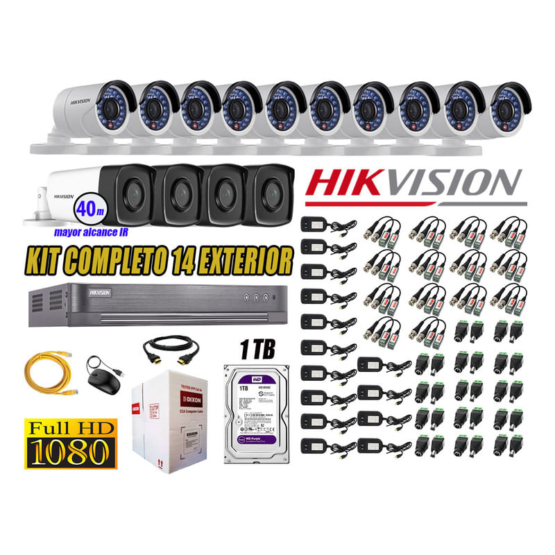 Kit 14 Cámaras de Seguridad Exterior It3F Hikvision Full Hd 1080P Disco 1Tb Wd
