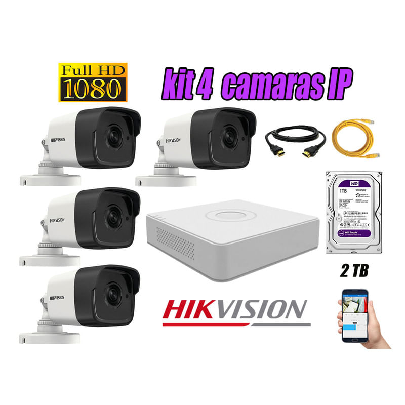 Kit 4 Cámaras de Seguridad Ip Poe Exterior Hikvision mas Disco 2Tb Wd Púrpura