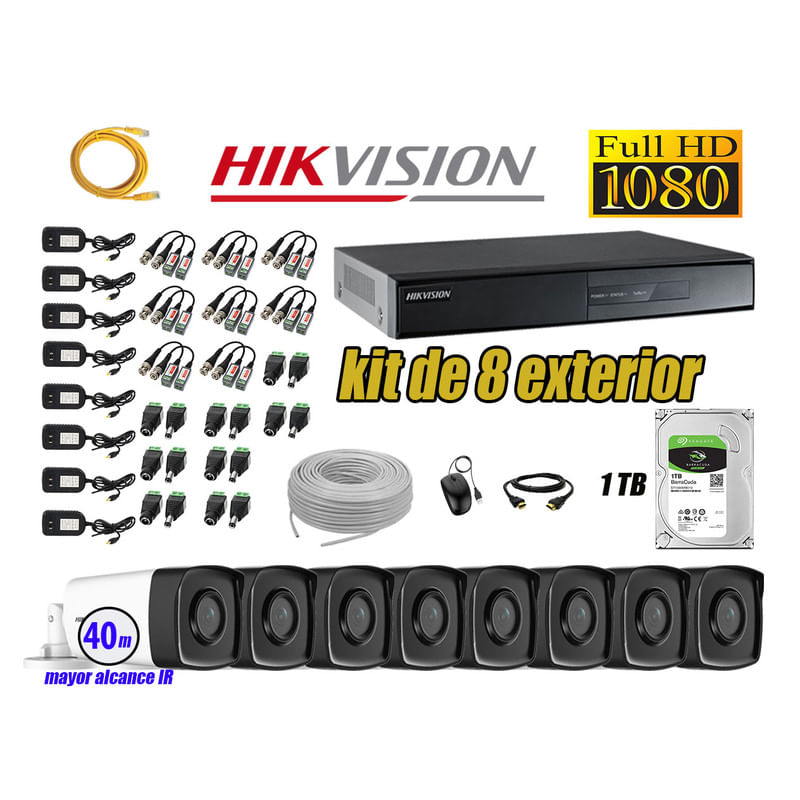 Kit 8 Cámaras de Seguridad Exterior It3F Hikvision Full Hd 1080P mas Disco 1Tb Wd P2p