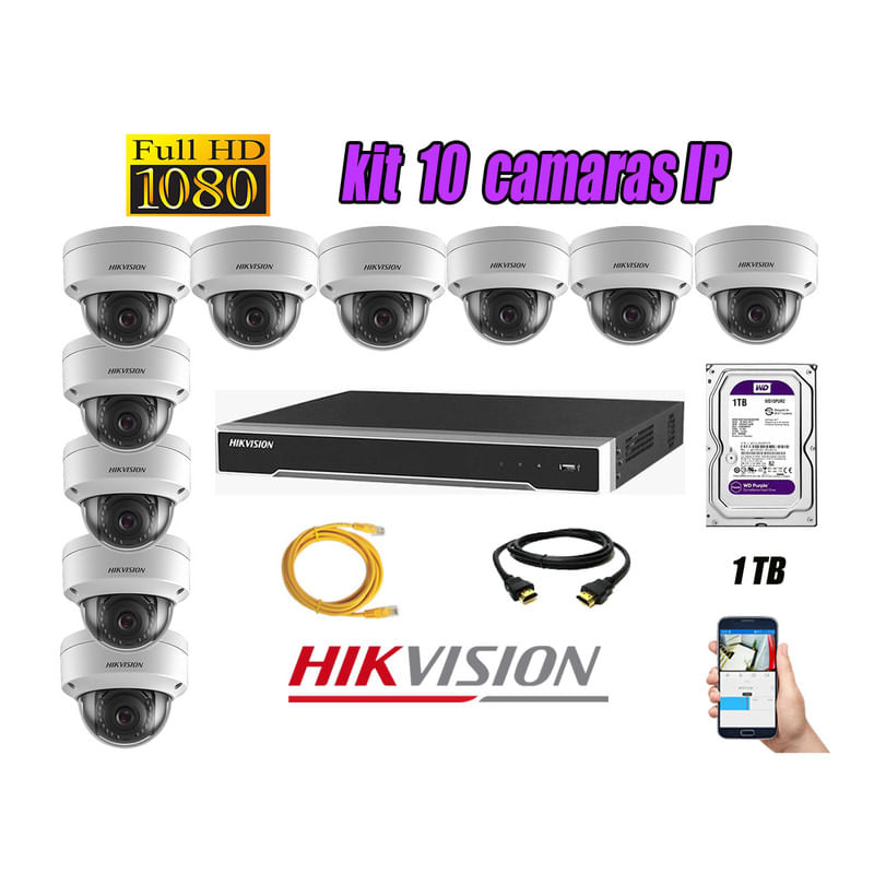 Kit 10 Cámaras de Seguridad Ip Poe Interior Hikvision mas Disco 1Tb Wd Púrpura