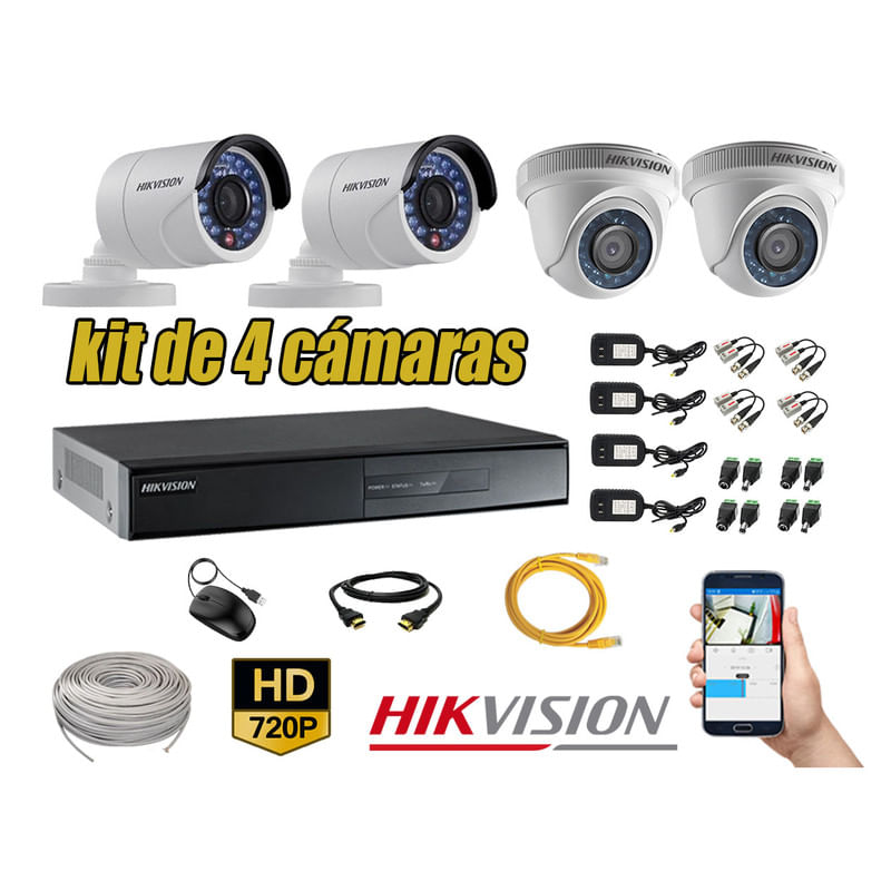 Kit 4 Cámaras de Seguridad Hikvision Hd 720P mas Cable Hdmi Vigilancia P2P