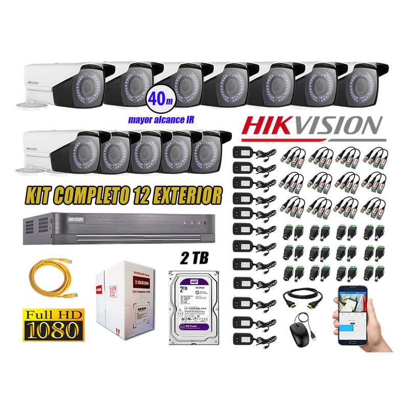 Kit 12 Cámaras de Seguridad Exterior Varifocal Hikvision Full Hd 1080P P2p Disco 2Tb Wd