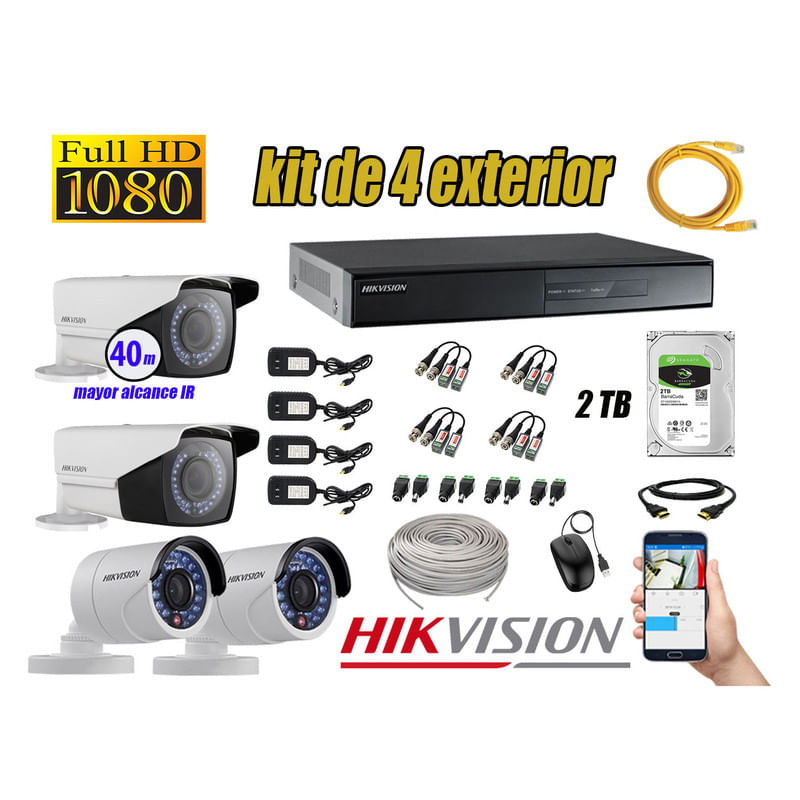 Kit 4 Cámaras de Seguridad Exterior Varifocal Hikvision Full Hd 1080P mas Disco 2Tb Wd