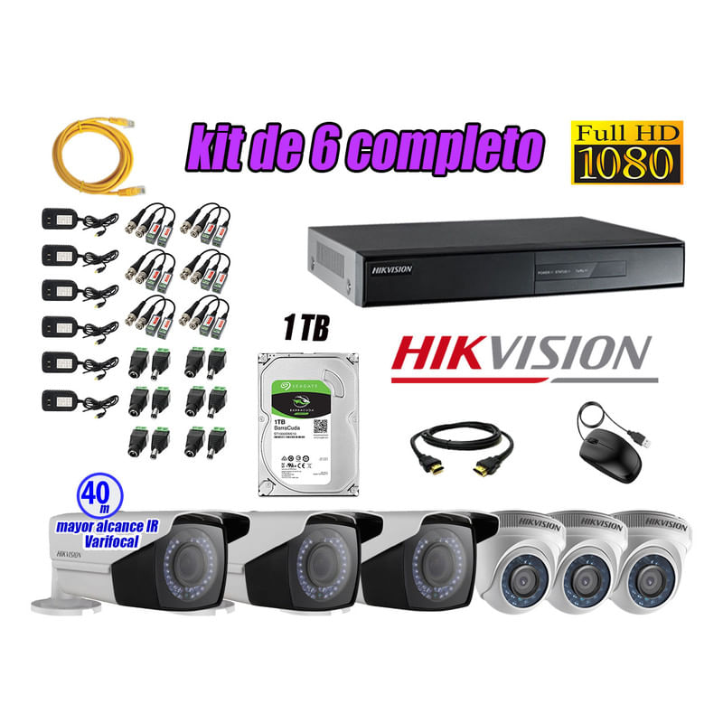 Kit 6 Cámaras de Seguridad Hikvision Full Hd 1080P mas Disco 1Tb P2p Mayor Alcance Varifocal Ip66