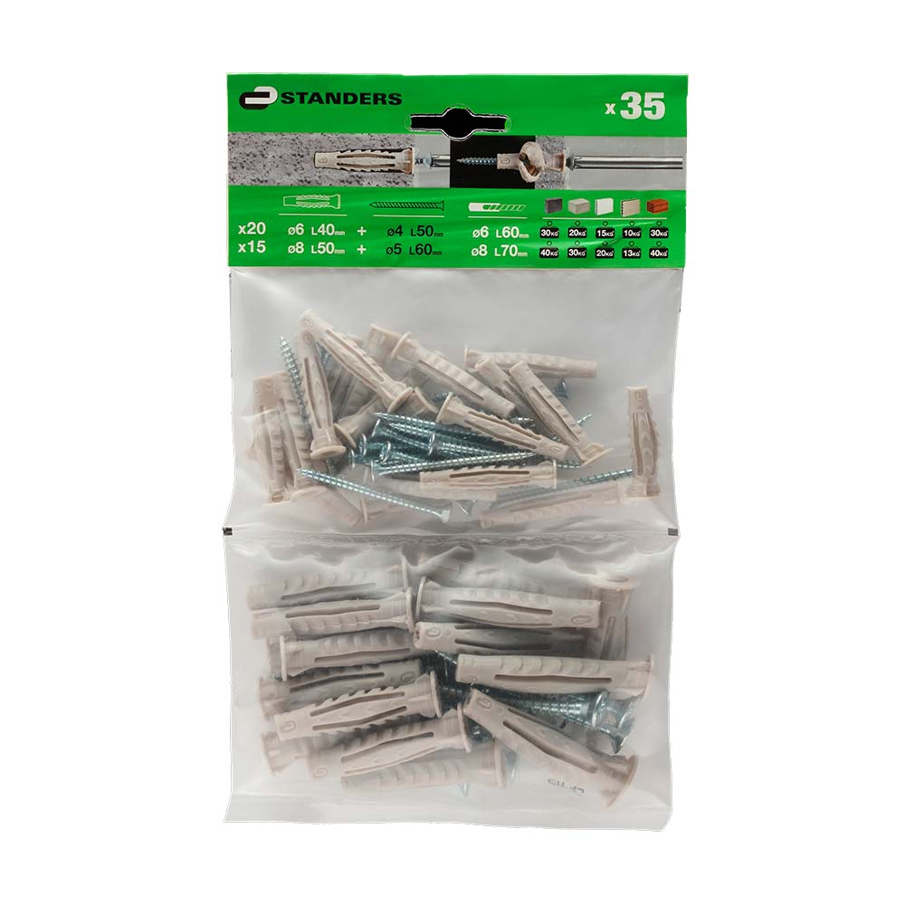 Set tornillo + tarugo 6x40mm x 20und & 8x50mm x 15und