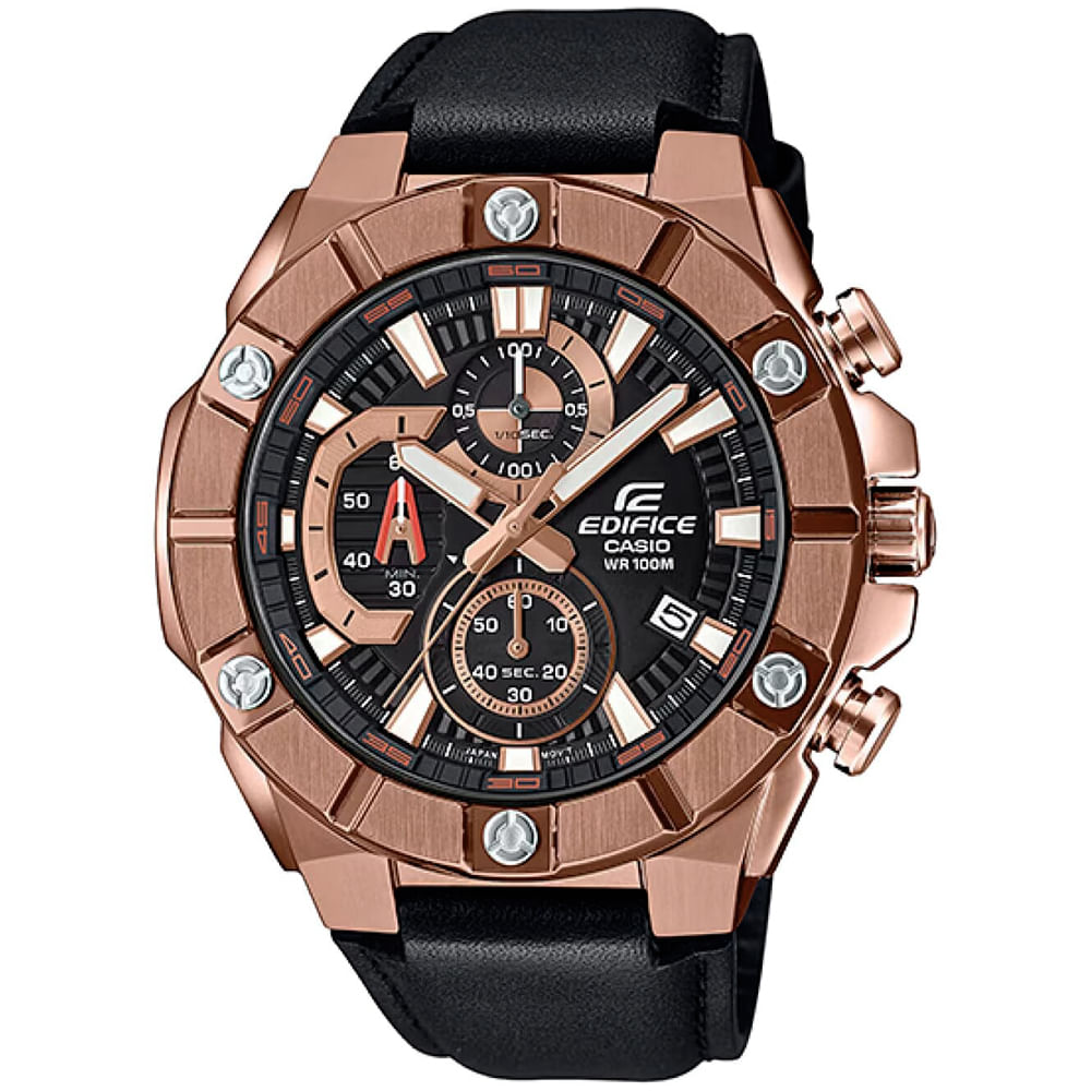 Reloj Casio Edifice EFR-569BL-1AV Fecha Cronómetro Acero Inoxidable Dorado Cuero Negro
