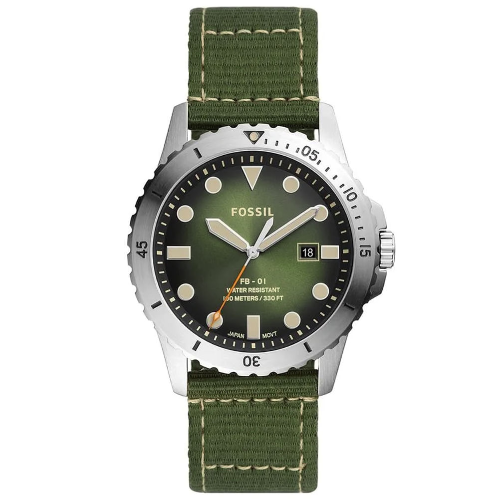 Reloj Fossil FB-01 FS5863 Fecha Acero Inoxidable Correa de Nylon Verde