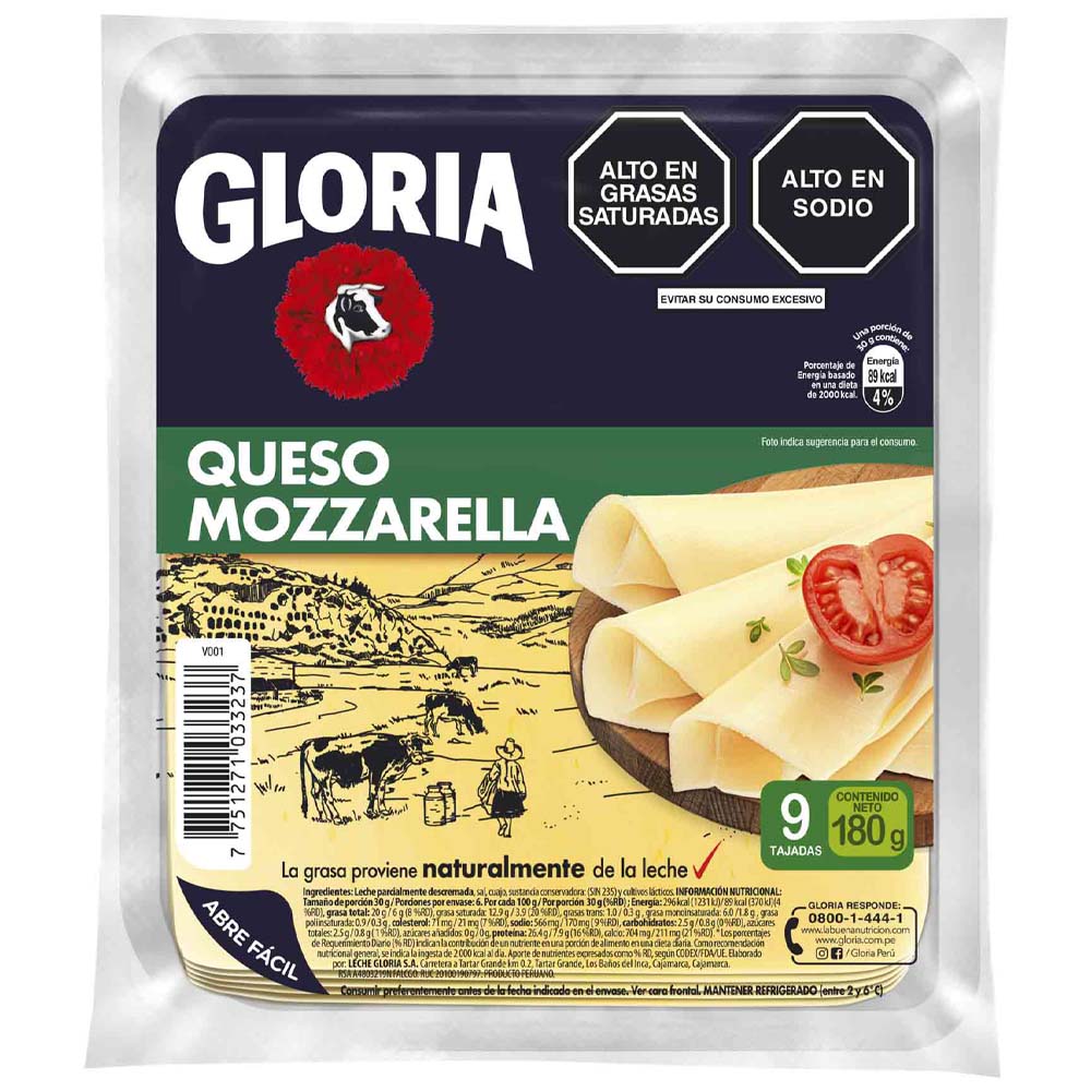 Queso Mozzarella en Tajadas GLORIA Paquete 180g