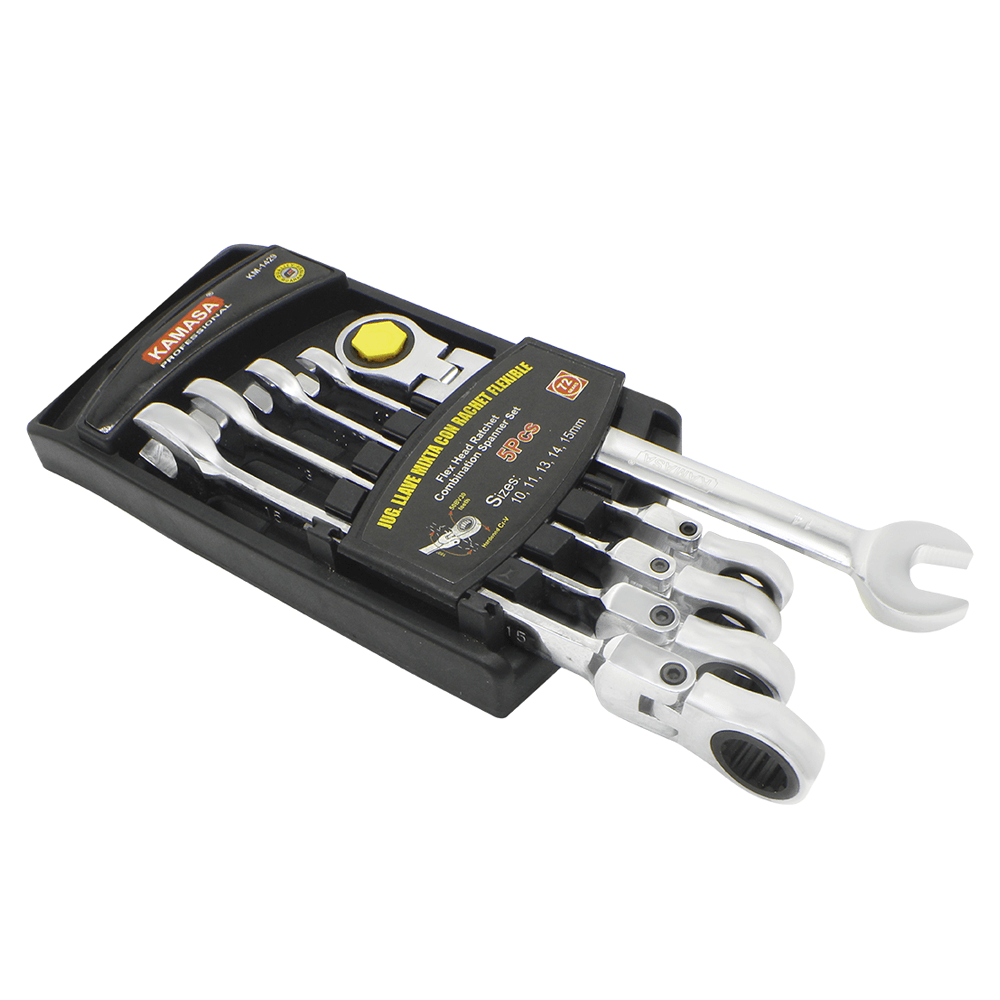Juego Llave Mixta con Rachet Flexible 10 a 15mm x5pzs Kamasa