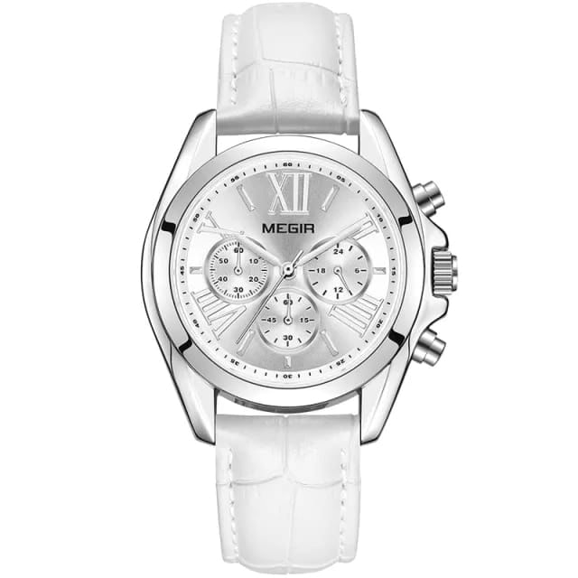 Reloj Megir Acero Plateado y Cuero Blanco MEG-M-3