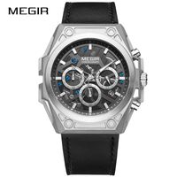 Reloj Megir Acero Plateado y Cuero Negro MEG-20