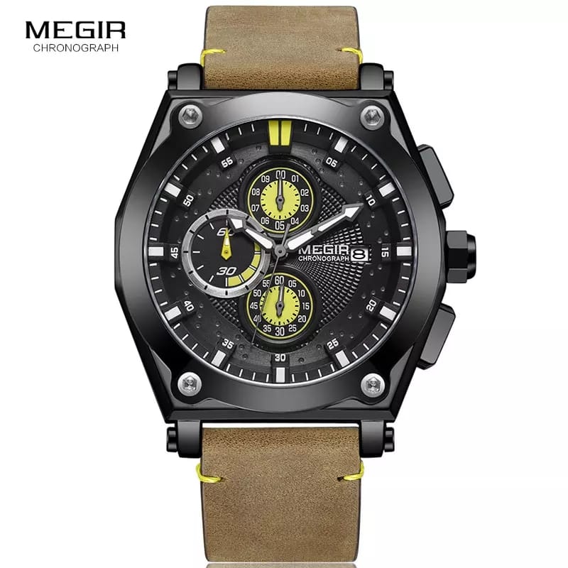 Reloj Megir Acero Negro y Cuero Marrón MEG-27