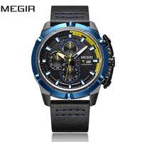 Reloj Megir Acero Negro Azul y Cuero Negro MEG-40