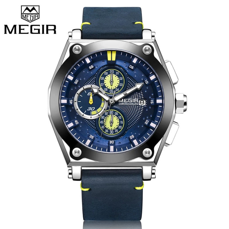 Reloj Megir Acero Plateado y Cuero Azul MEG-26