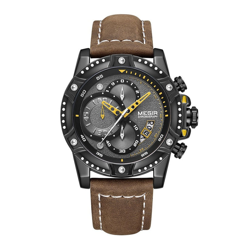 Reloj Megir Acero Negro y Cuero Marrón MEG-35
