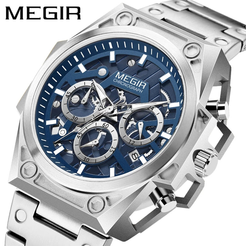 Reloj Megir Acero Plateado y Azul MEG-56