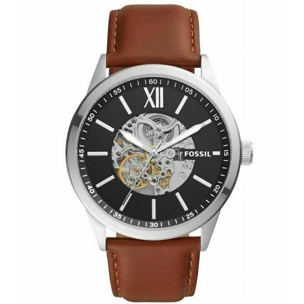 Reloj Fossil Flynn BQ2386 Automático Para Hombre Acero Inoxidable Correa De Cuero Marron