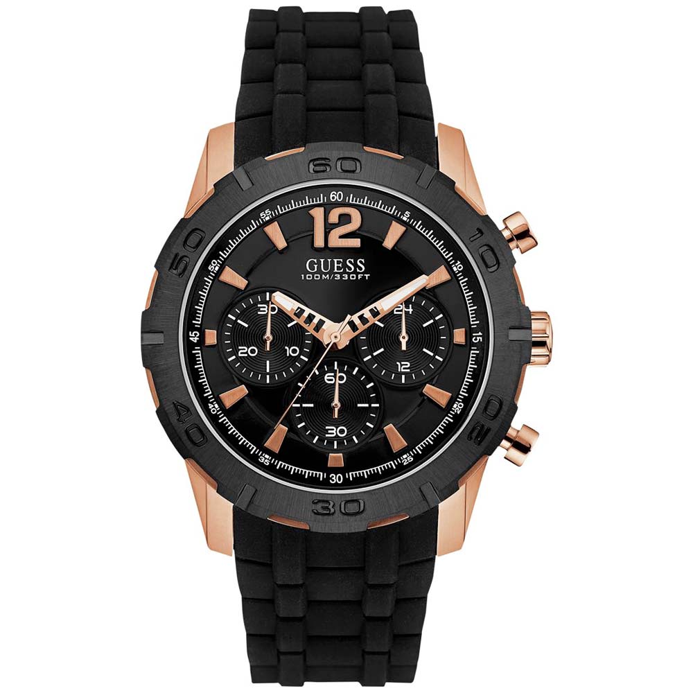 Reloj Guess Caliber U0864G2 Multifuncional Correa de Silicona Negro Acero Inoxidable Oro Rosado