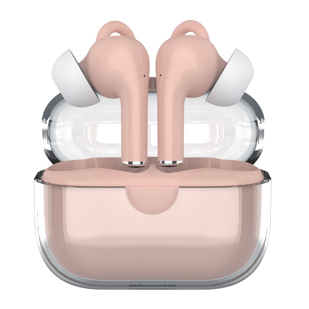 Audífonos bluetooth True Wireless Decibel Crystal Pods resistente al agua IPX4, duración máx 6 horas, control de música y lamadas, rosado + Accesorios