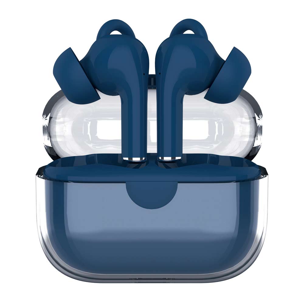 Audífonos bluetooth True Wireless Decibel Crystal Pods resistente al agua IPX4, duración máx. 6 horas, control de música y lamadas, azul + Accesorios