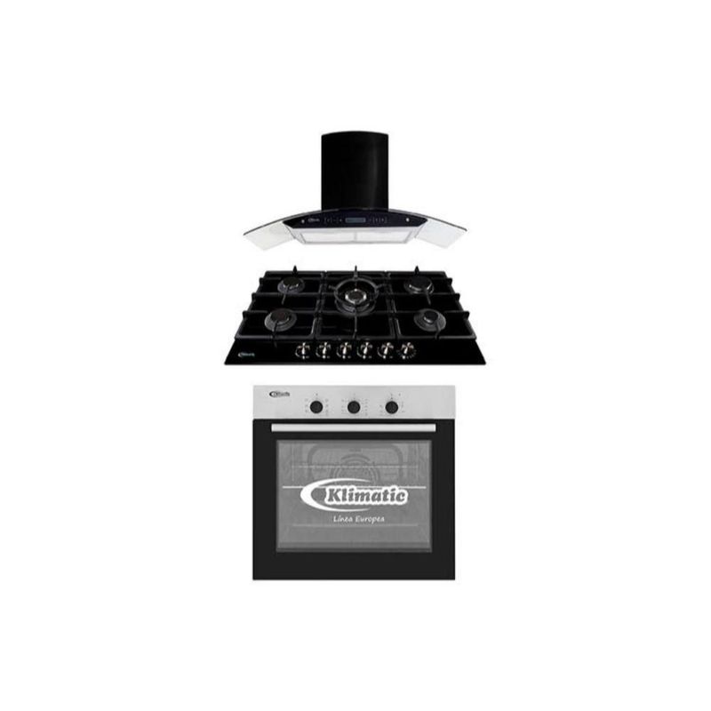 Cocina Empotrable Klimatic Trevi 90 Pro 5 hornillas Negro + Campana  Decorativa Venezia Black + Horno Empotrable HKT600-Pix 60 litros - Shopstar