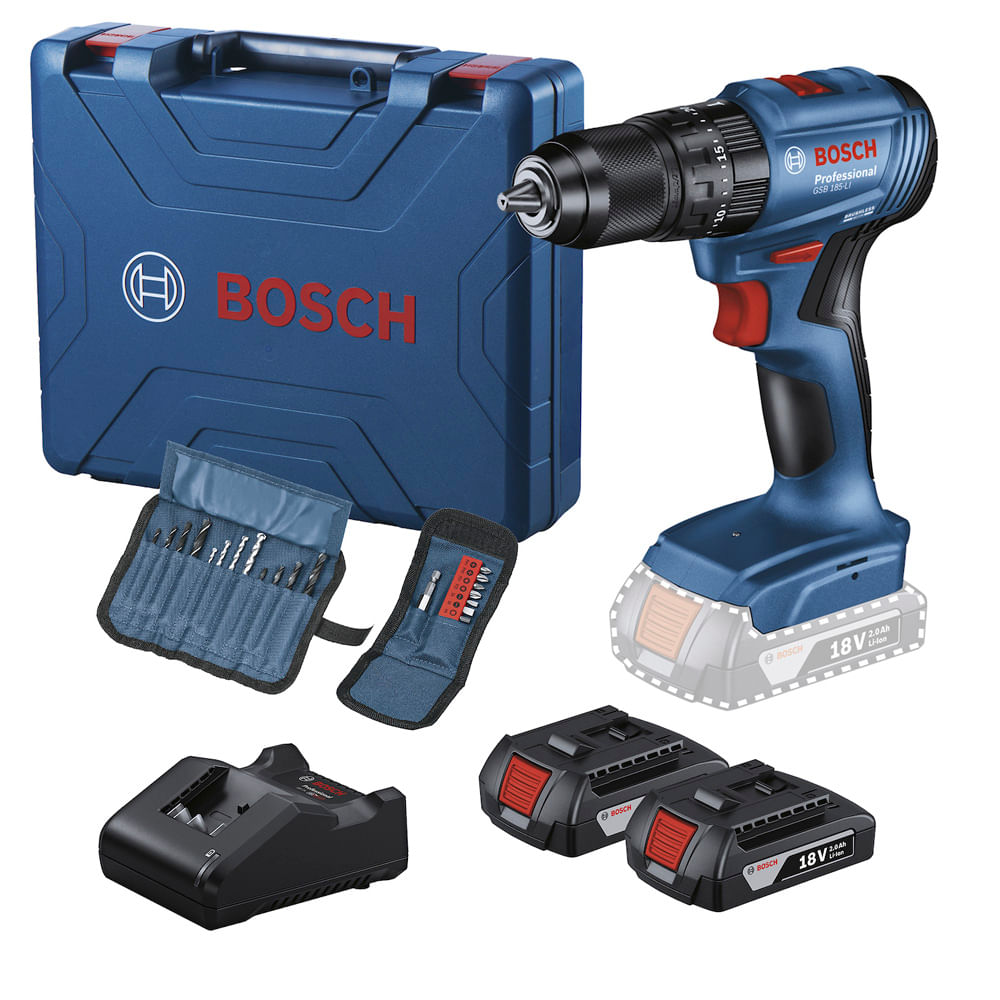 Taladro Percutor 1/2"" 18V Brushless Incl 2 Bat y Carg + 23 Accesorios Bosch GSB 185-LI