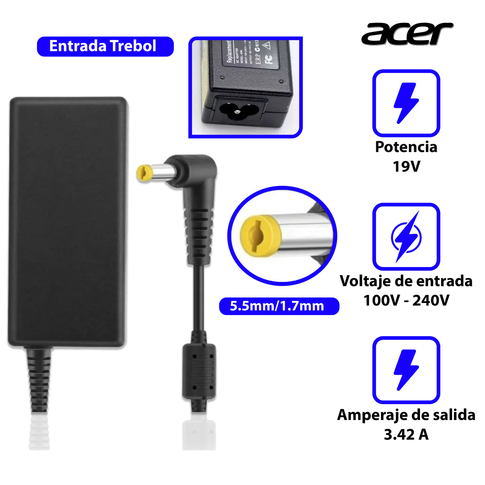 Cargador Genérico Laptop Acer Punta Amarilla 19v 3.42a 65w