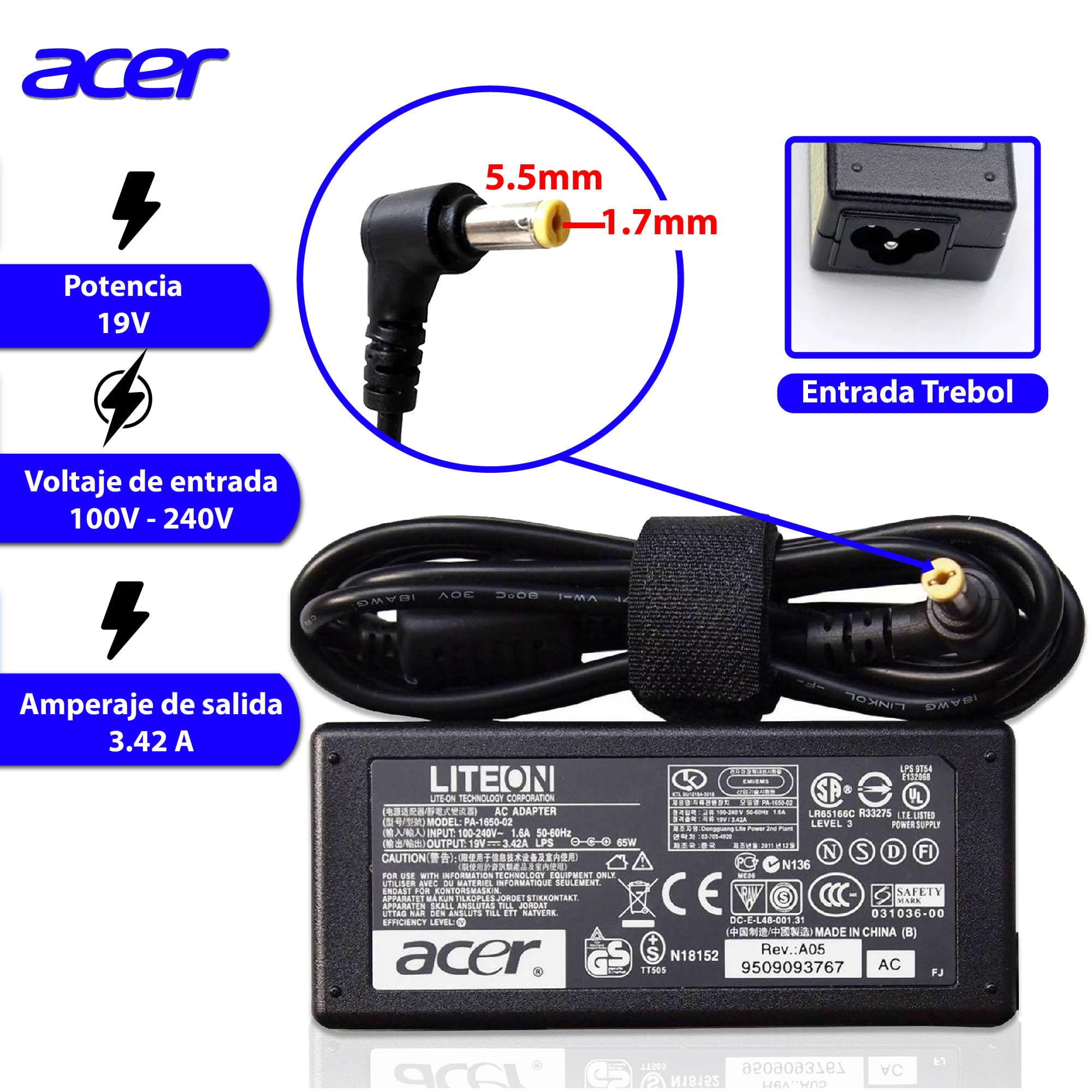 Cargador Laptop Acer Punta Amarilla 19v 3.42a 65w 5.5 -1.7mm