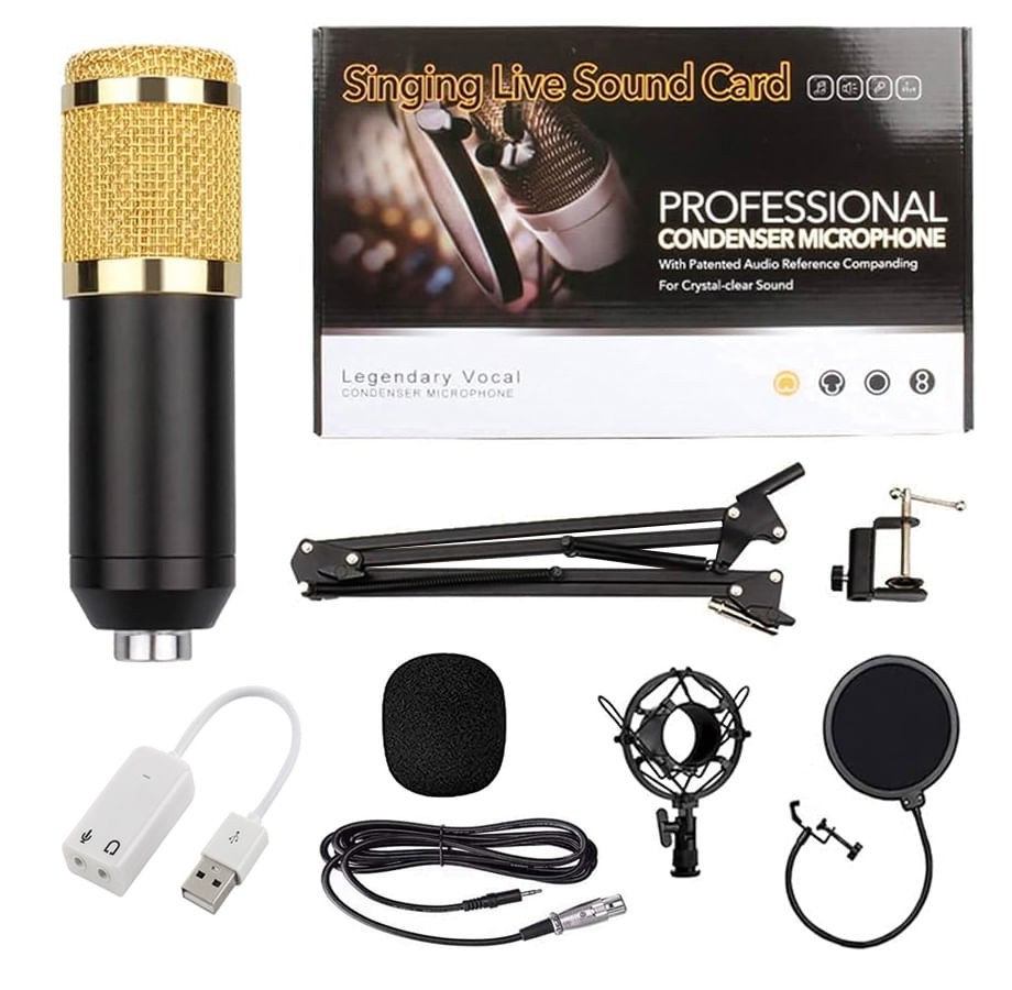 Kit Micrófono BM 800 Dorado con Adaptador de audio USB para estudio de grabación