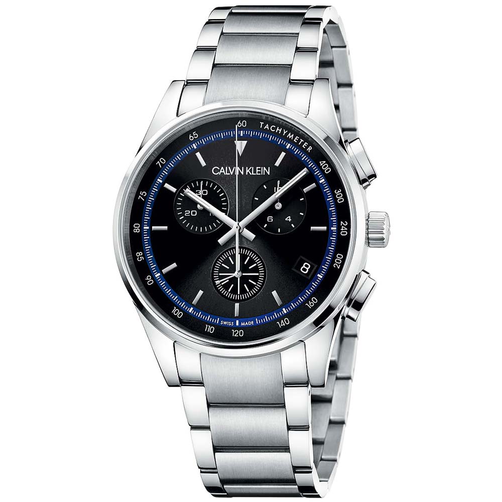 Reloj Calvin Klein Completion Chrono KAM27141 Suizo Zafiro Acero Inoxidable Plateado Negro