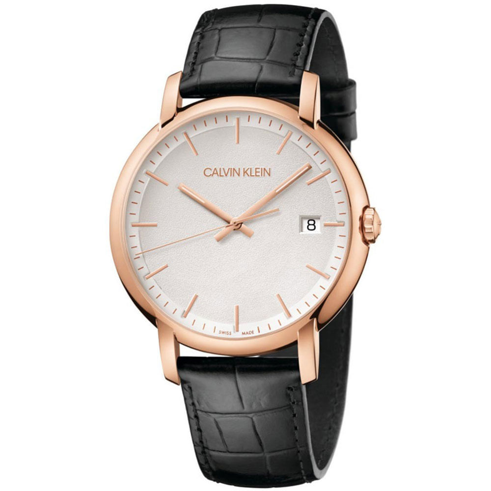 Reloj Calvin Klein Established K9H216C6 Suizo Correa Cuero Negro Oro Rosado