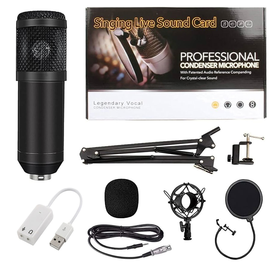 Kit Micrófono BM 800 Negro con Adaptador de audio USB para estudio de grabación