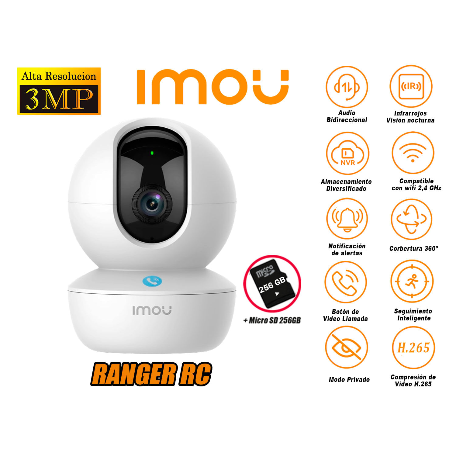 Cámara Seguridad Wi-Fi IMOU RANGER RC Gira 360º 3MP Micro SD 256GB
