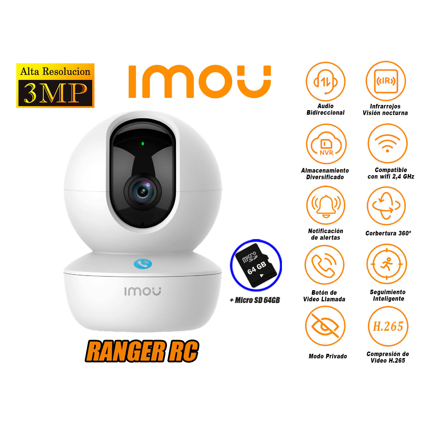 Cámara de Seguridad Wi-Fi IMOU RANGER RC Gira 360º 3MP Micro SD 64GB