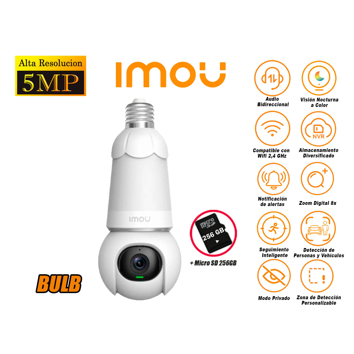 Cámara Seguridad Foco WiFi Imou BULB CAM 5MP 360° Noche Color Micro SD 256GB