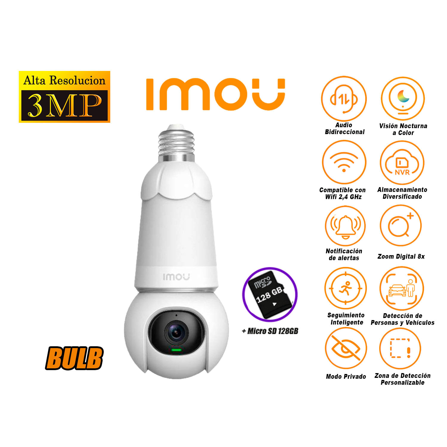 Cámara Seguridad Foco Wi-Fi Imou BULB CAM 3MP 360° Noche Color Micro SD 128GB