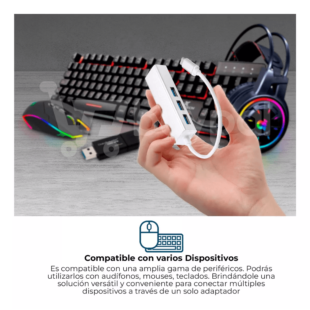 Hub Adaptador Tipo C 3 puertos USB 3.0 + Ethernet