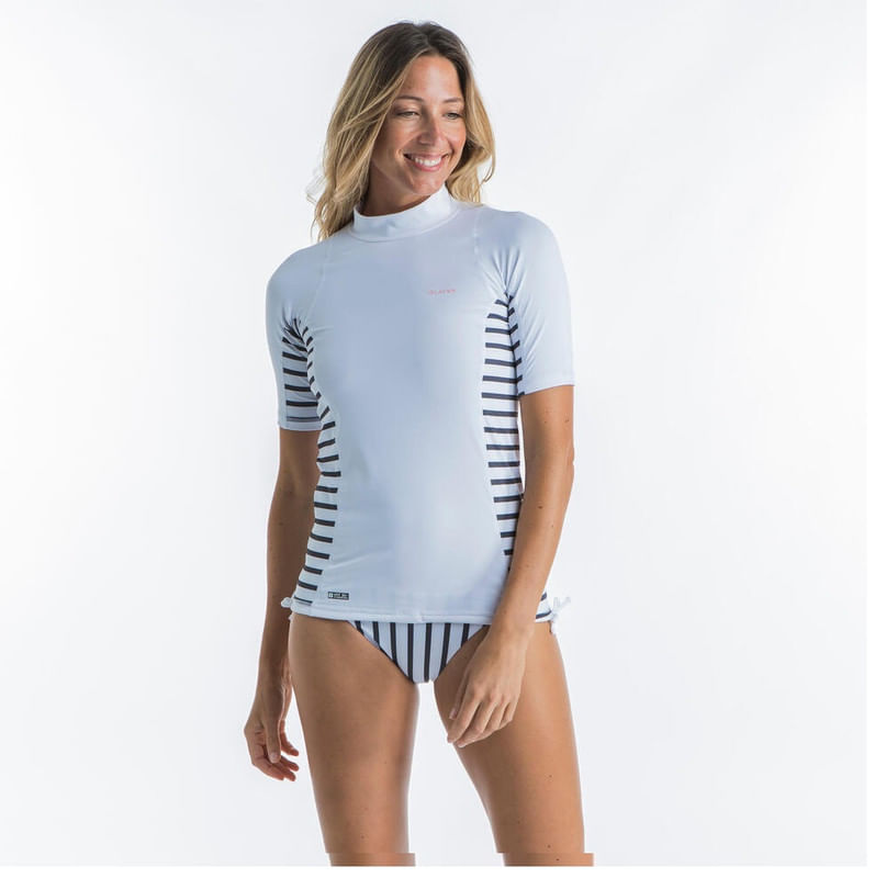 CAMISETA PROTECCIÓN SOLAR MANGA CORTA MUJER OLAIAN TOP 500 RAYADO BLANCO RAYAS