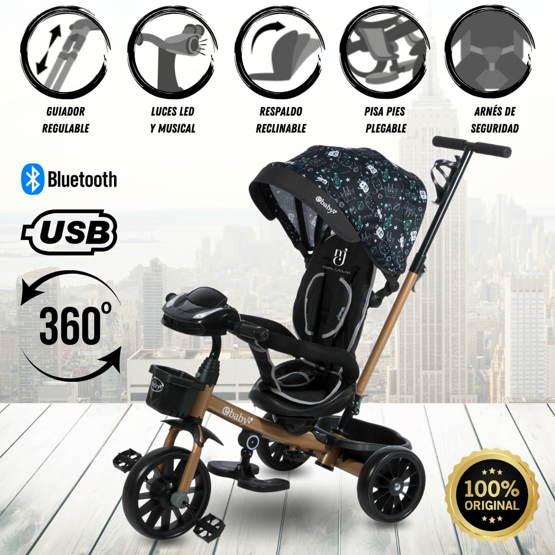 Triciclo Guiador con Bluetooth para Niños «ROY» Black