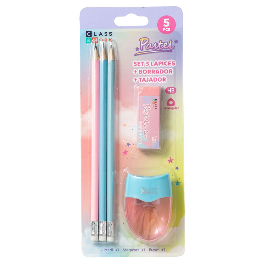 Set CLASS&WORK 3 Lápices + Tajador + Borrador Pastel