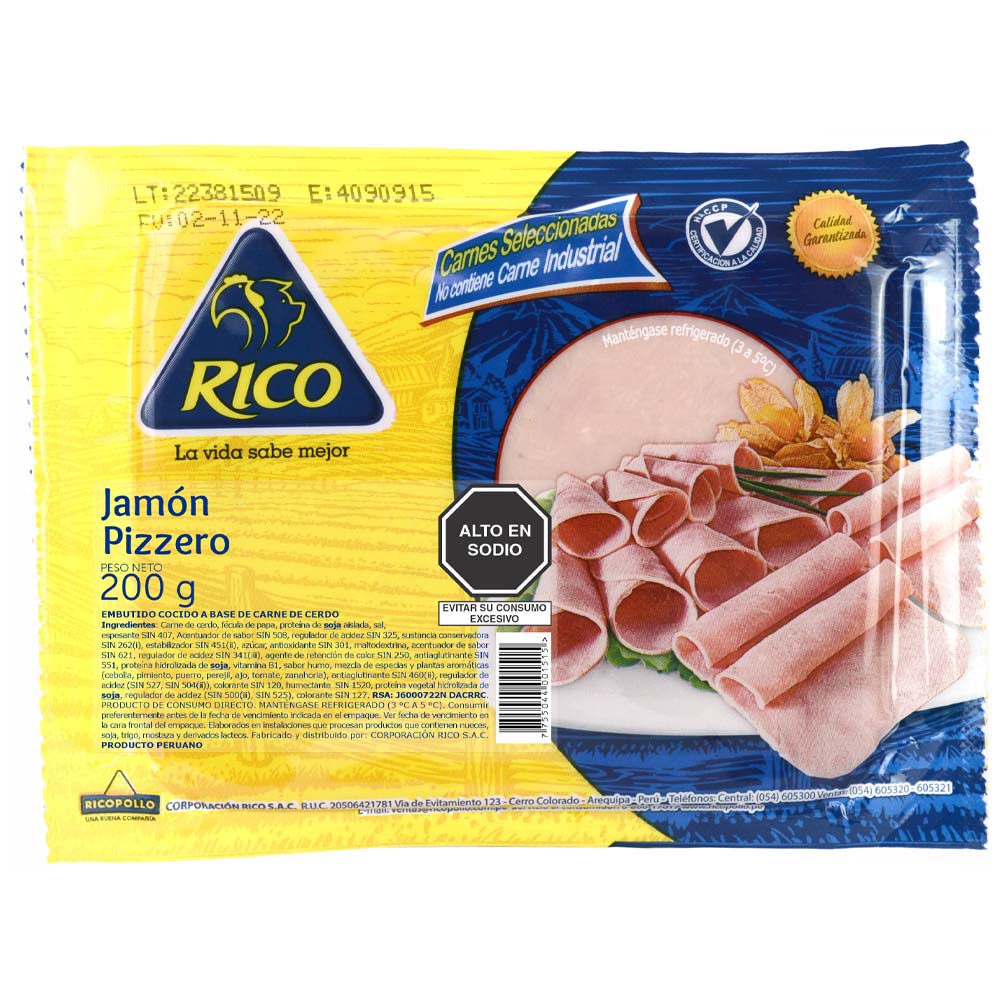 Jamón Pizzero RICO POLLO Paquete 200g