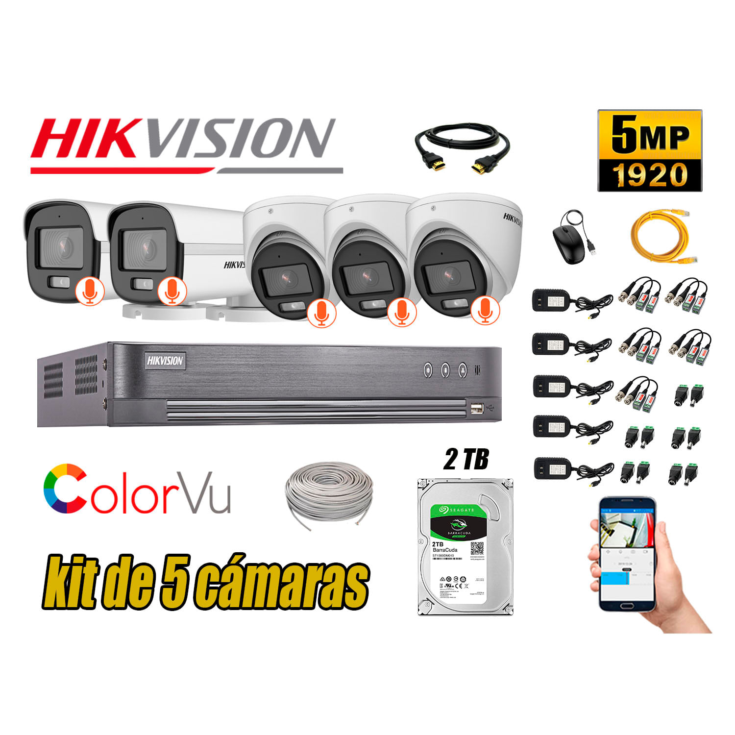 CÁMARAS SEGURIDAD HIKVISION KIT 5 5MP + DISCO 2TB COLORVU VISION COLOR