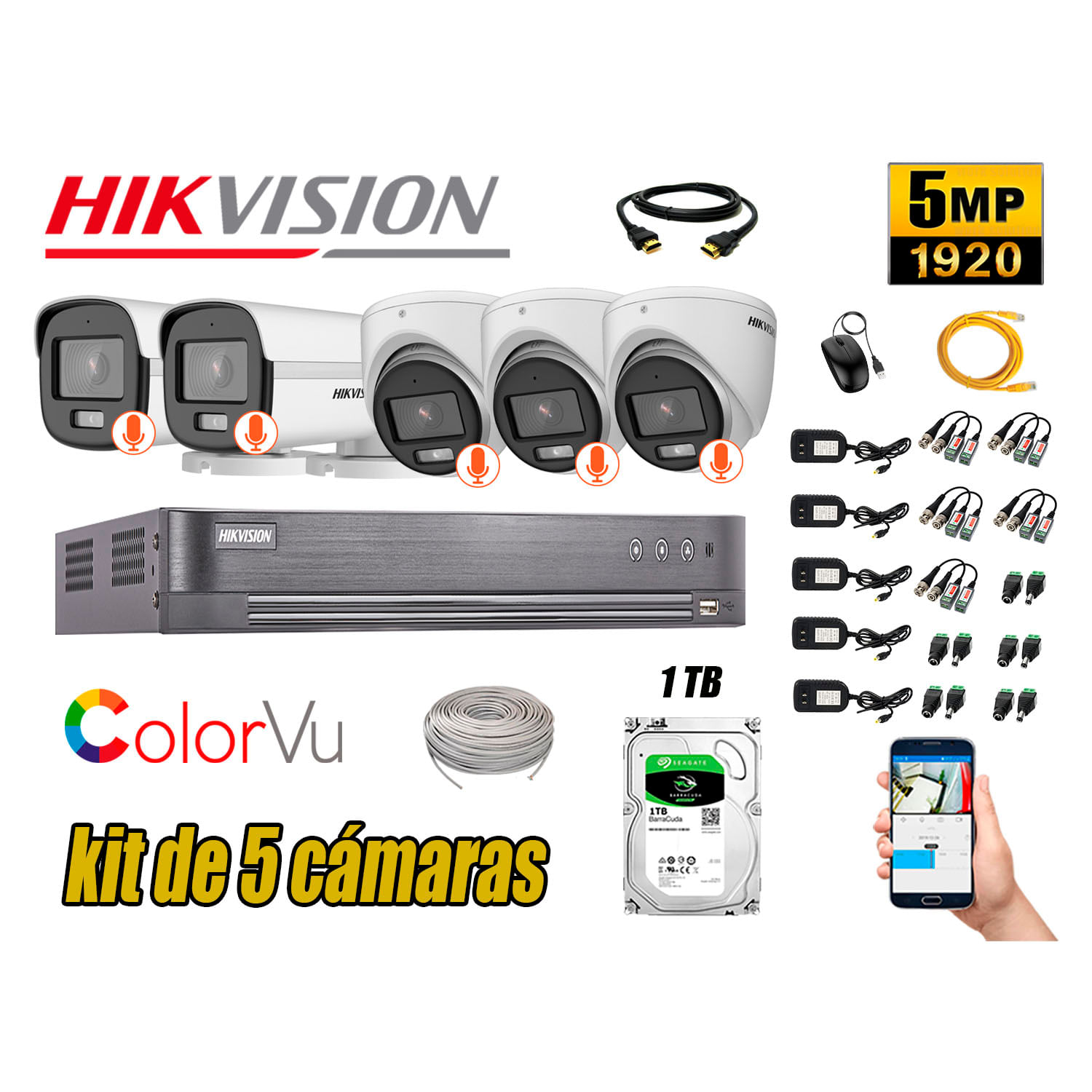 CÁMARAS SEGURIDAD HIKVISION KIT 5 5MP + DISCO 1TB COLORVU VISION COLOR