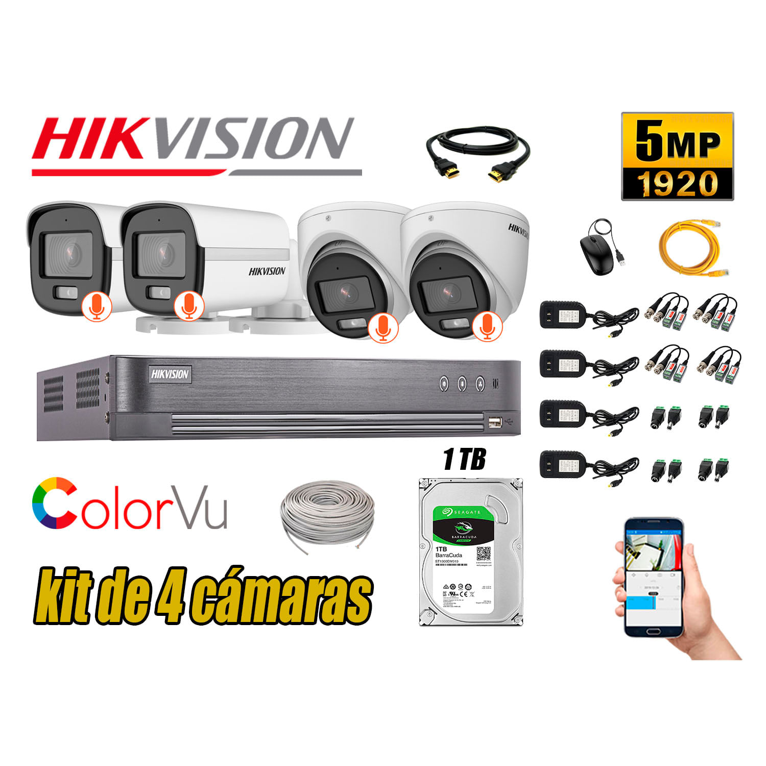 CÁMARAS SEGURIDAD HIKVISION KIT 4 5MP + DISCO 1TB COLORVU VISION COLOR
