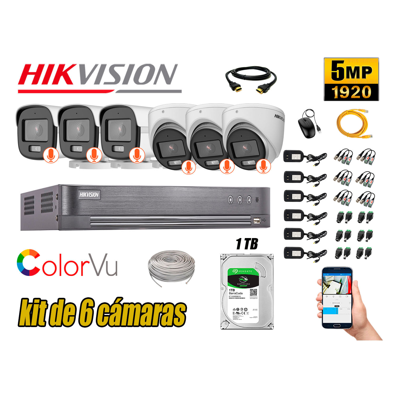 CÁMARAS SEGURIDAD HIKVISION KIT 6 5MP + DISCO 1TB COLORVU VISION COLOR